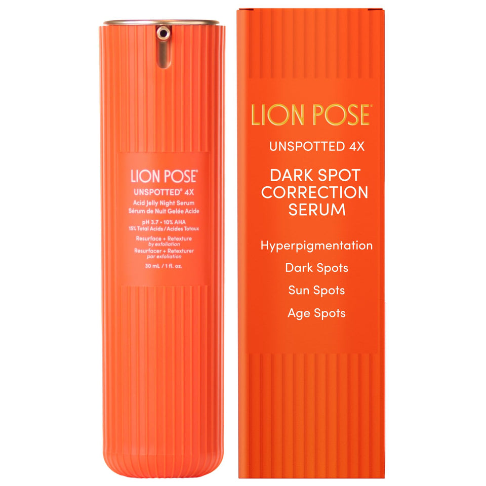 Lion Pose dark spot serum packaging highlights premium branding for night care.