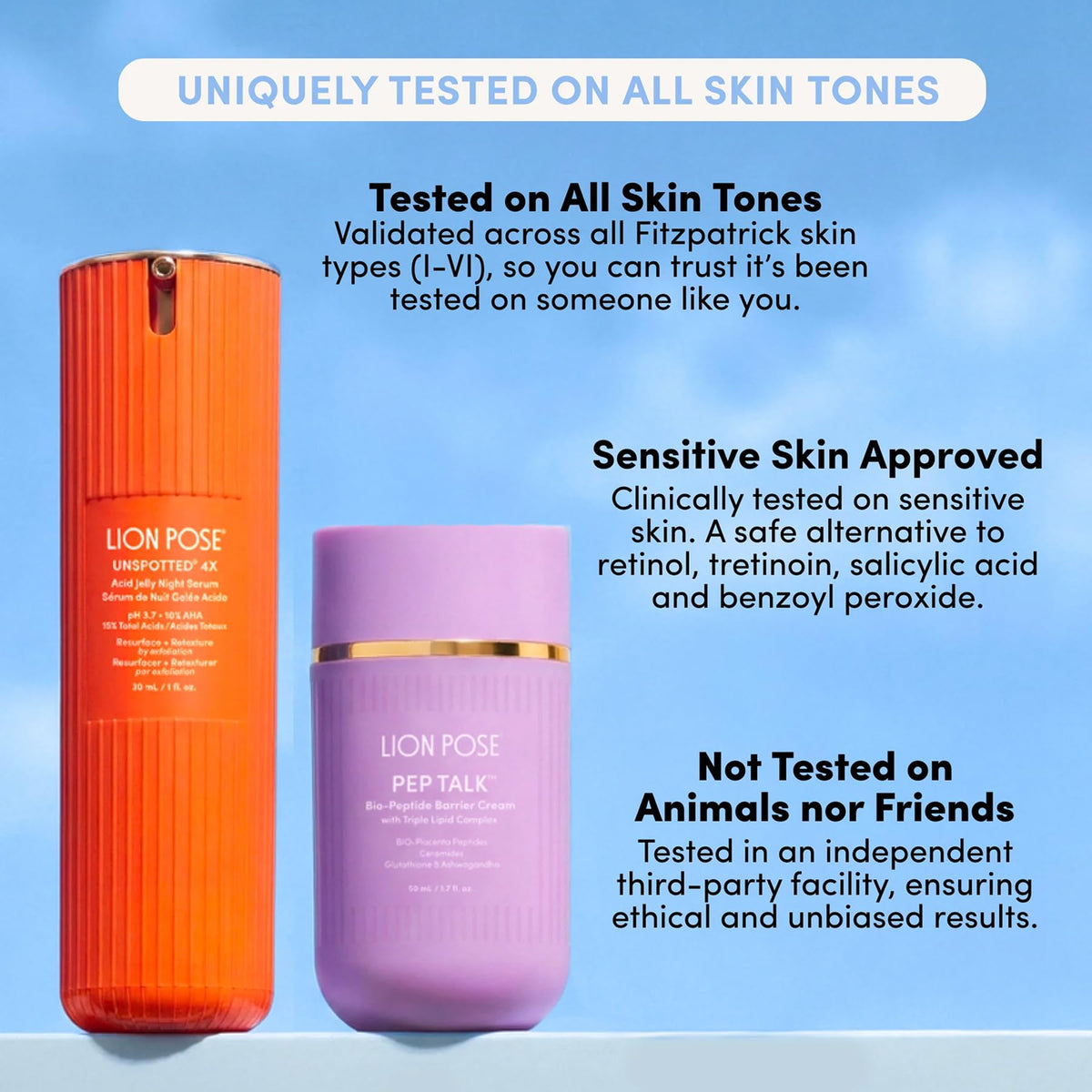 Skin after applying Lion Pose serum shows hydrated, clarified appearance over time.