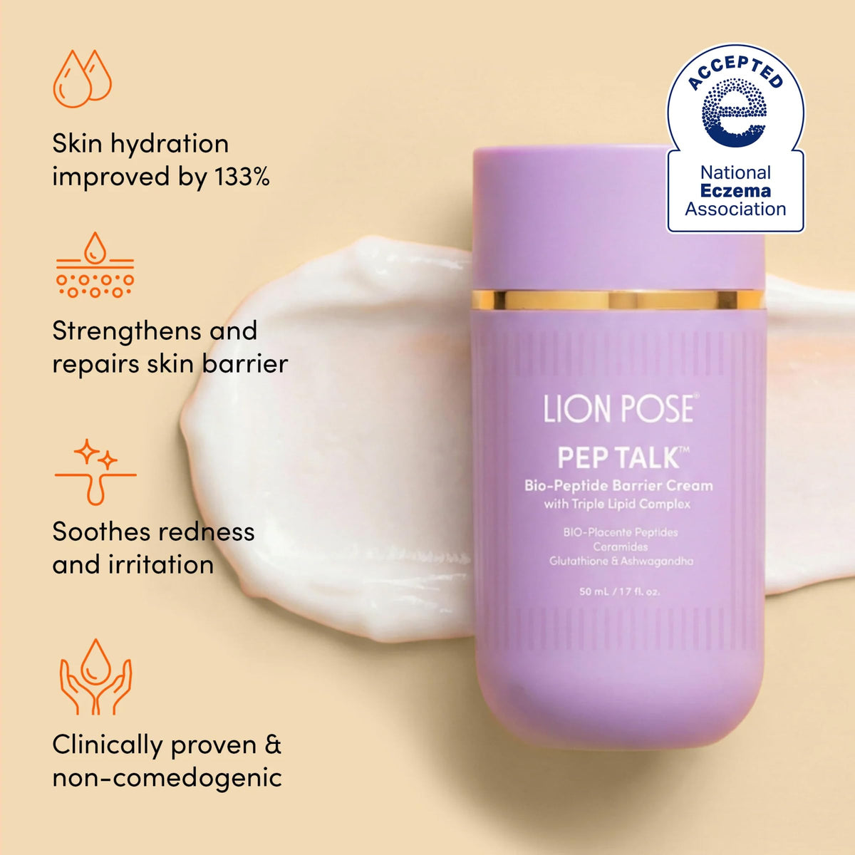 Lion Pose Pep Talk ceramide triple lipid-plex close-up highlighting moisturization