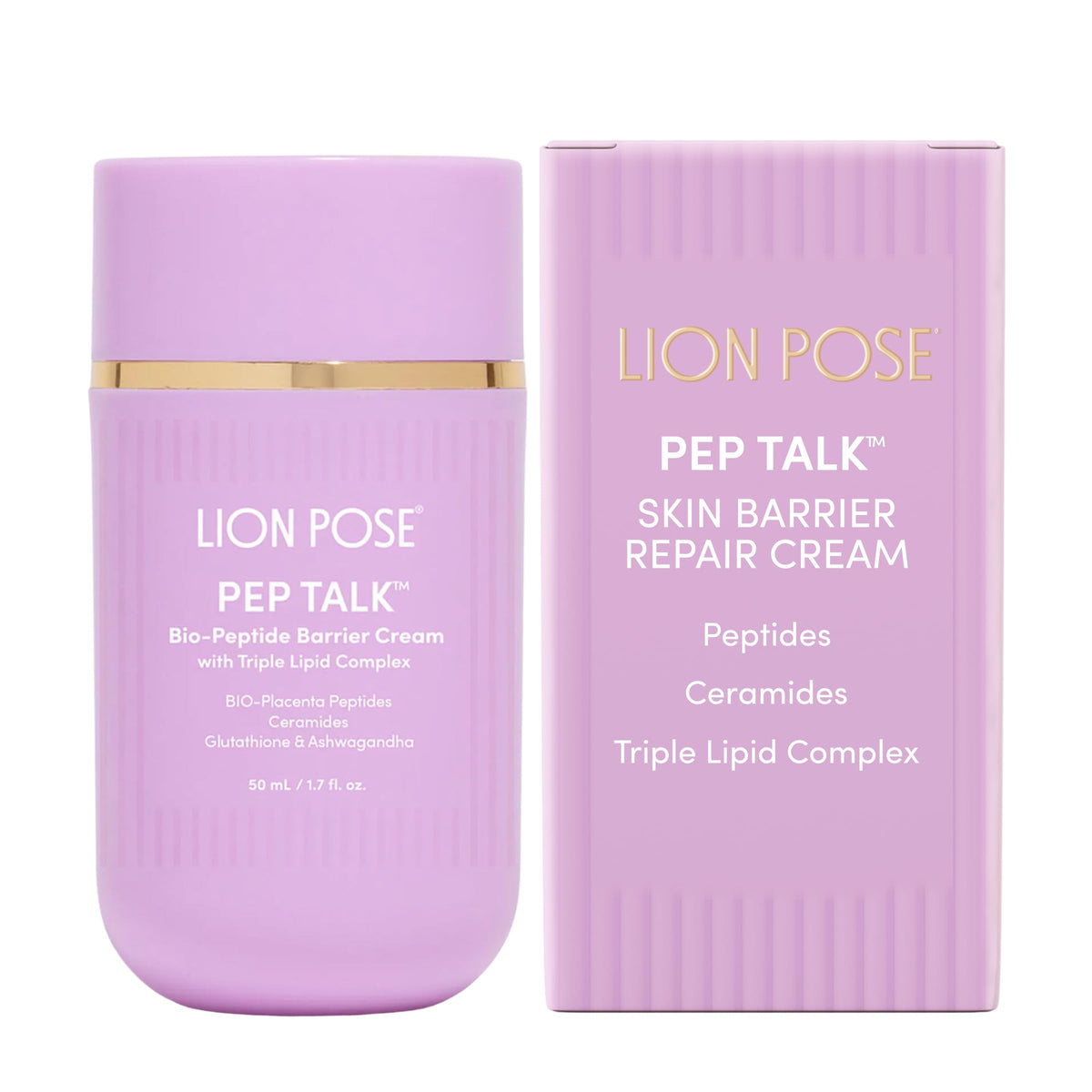 Lion Pose Pep Talk cream jar close-up showing barrier repair texture