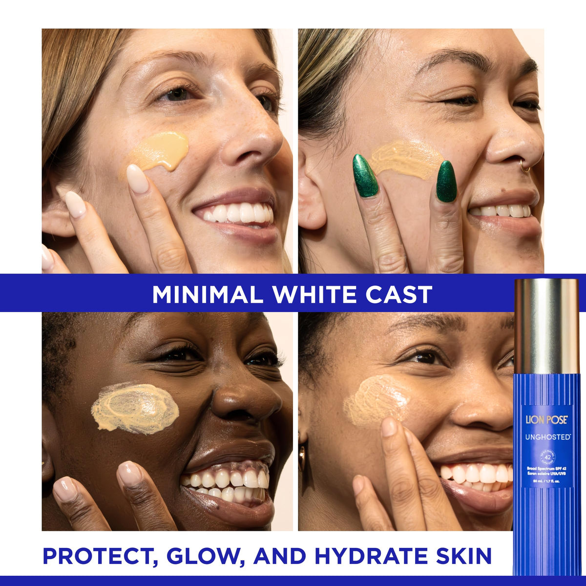 Lion Pose UNGHOSTED sunscreen on face adds subtle glow for daily wear