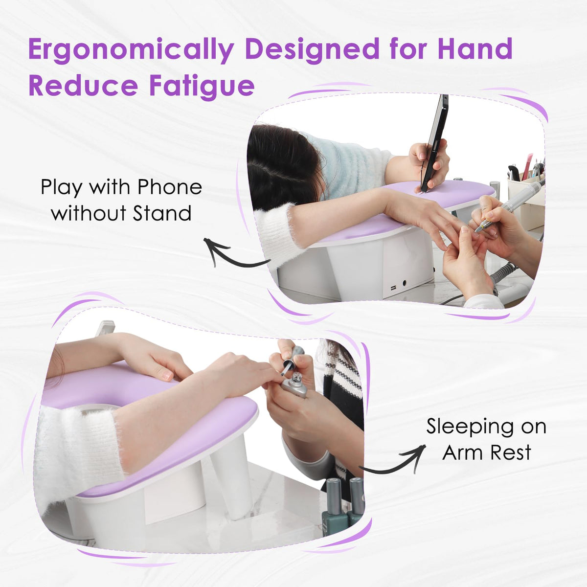 LionVision U-shaped arm rest design offers elegant support for nail art sessions