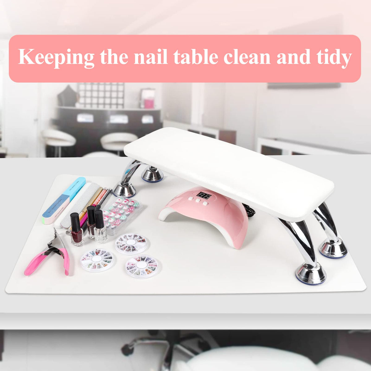 LIONVISON Nail Table Mat keeps work surface clean and organized during manicures.