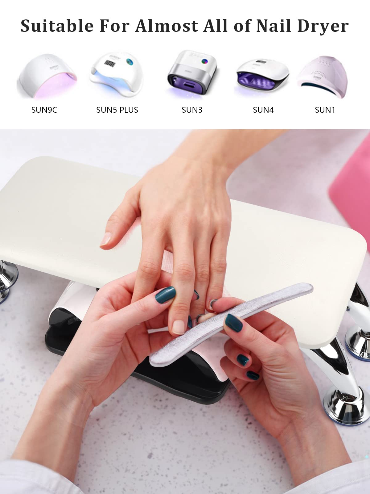 LIONVISON arm rest in-use during nail tech session keeps wrists comfortable.