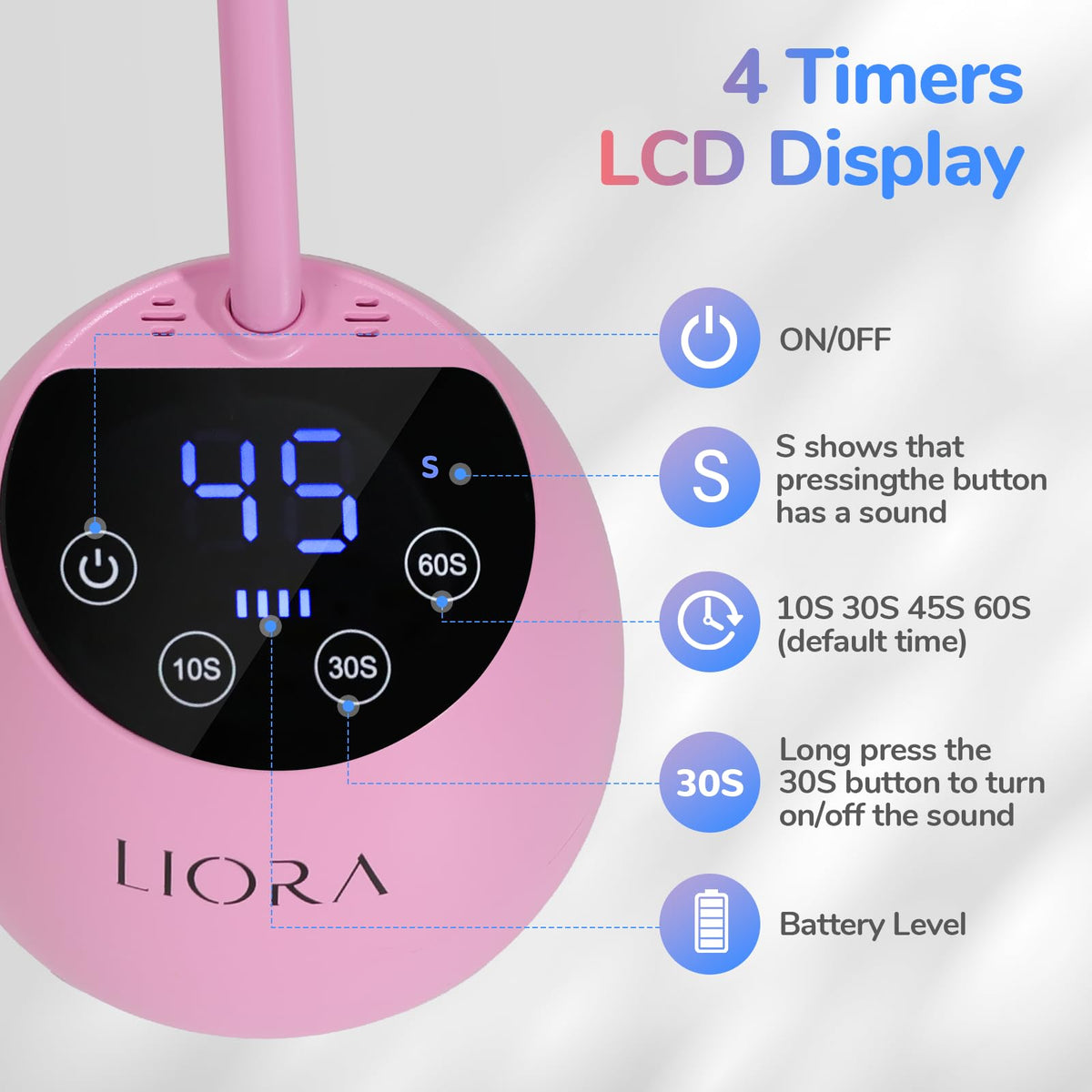 LIORA 360-degree gooseneck for flexible nail lighting.