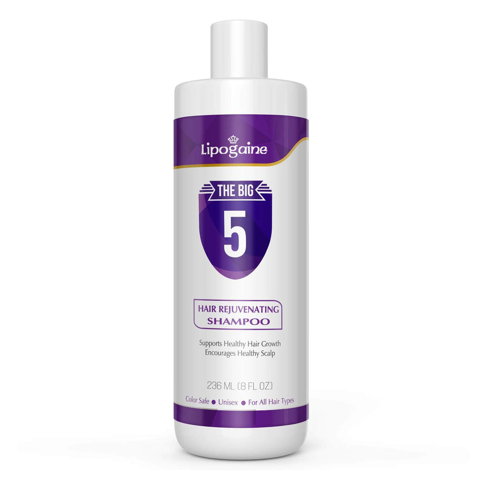 Lipogaine Big 5 shampoo bottle purple highlighting natural formula for healthier hair.