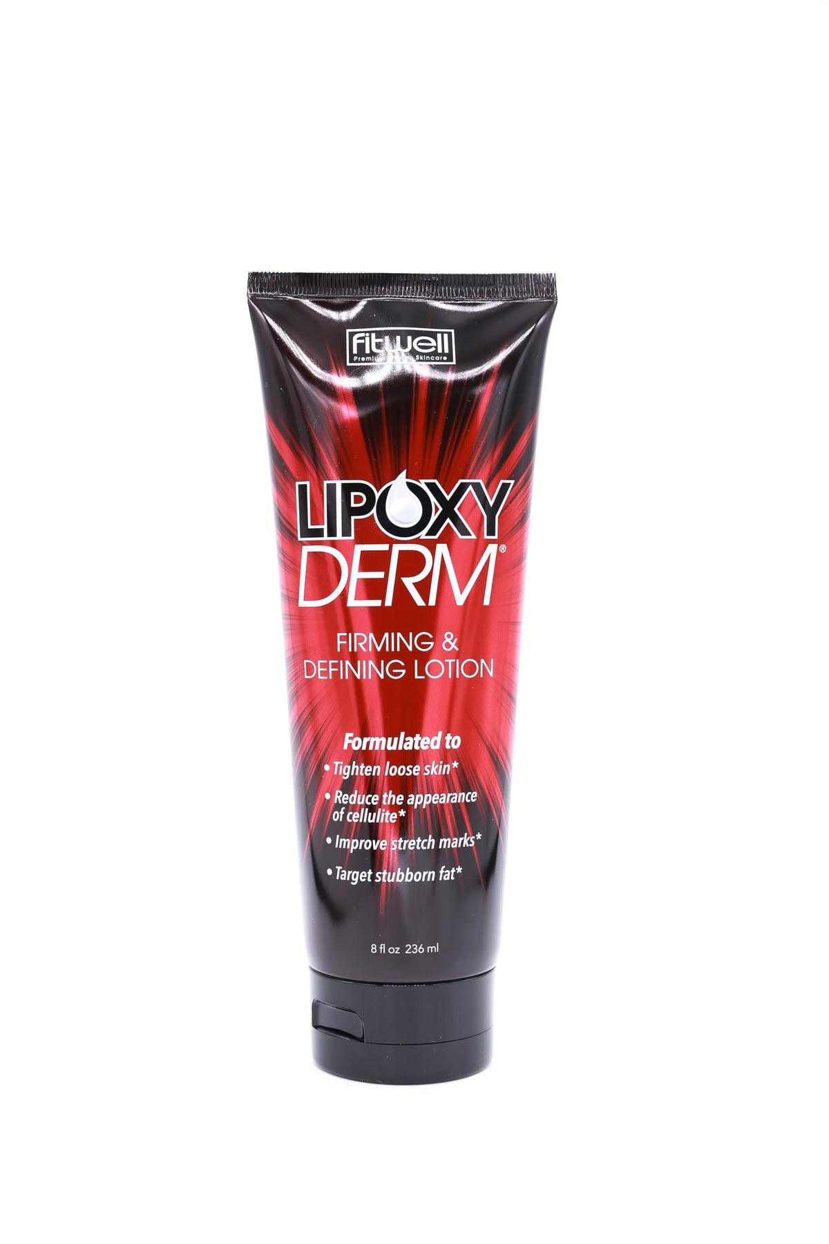 Lipoxyderm Advanced Firming Lotion bottle shows fragrance-free non-greasy formula for firmer skin.