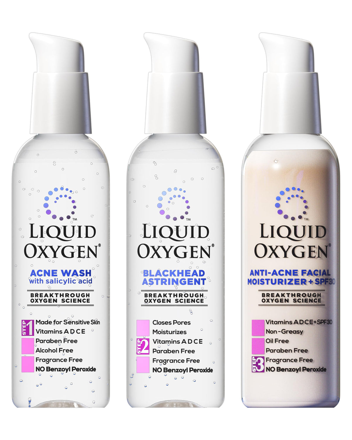 Liquid Oxygen cleansing wash purifies skin without over-drying.
