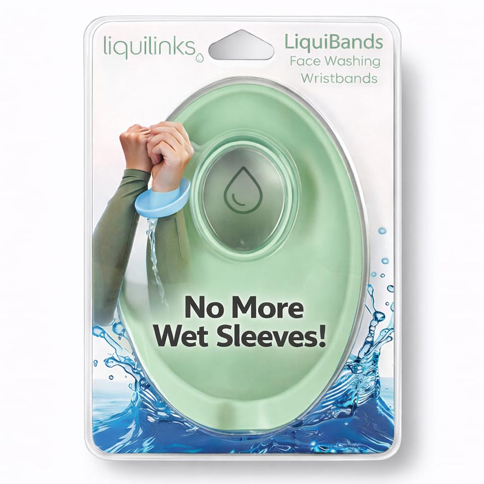 LiquiBands face washing wristband drips catcher keeps sleeves dry.