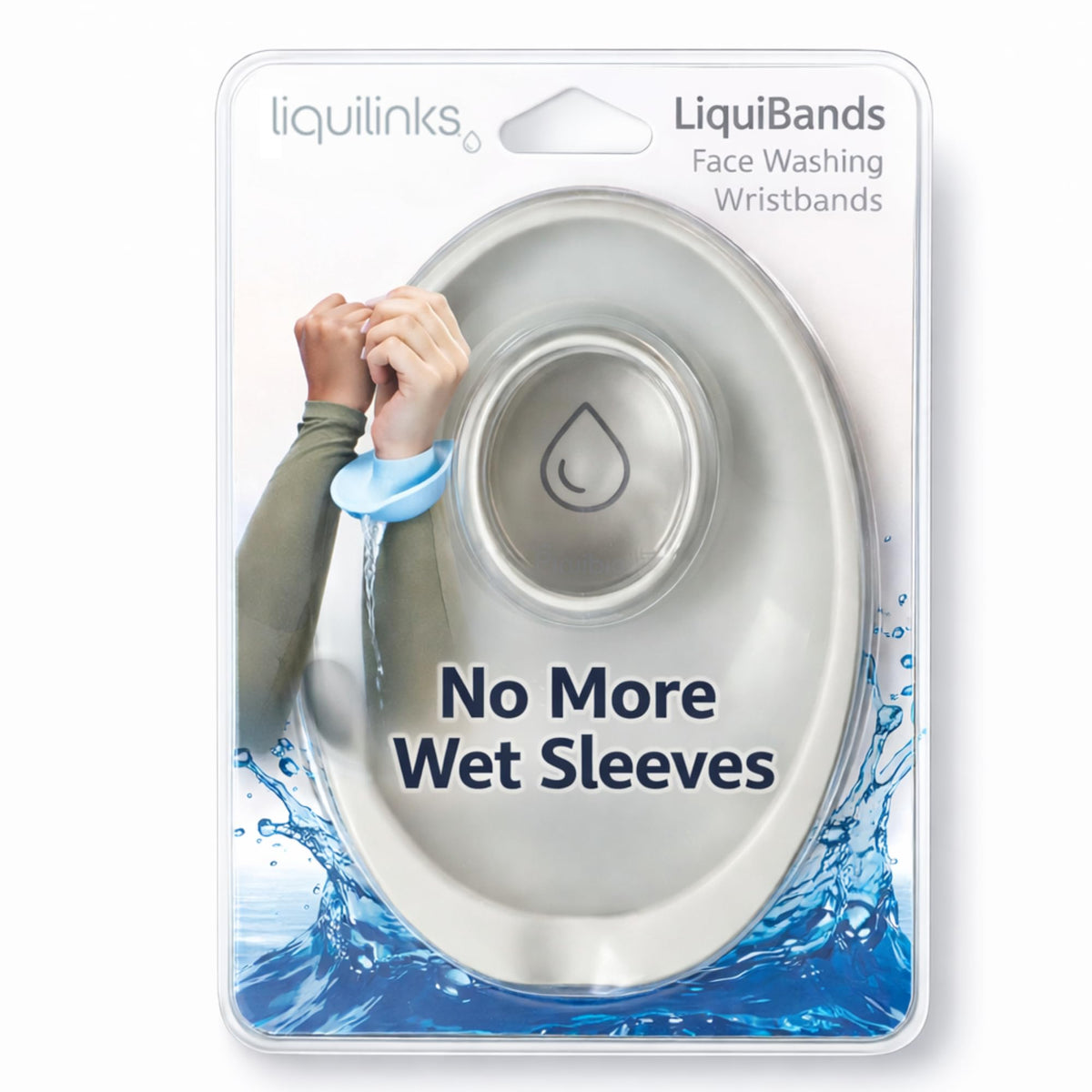 LiquiBands face washing wristband on wrist catches water for a dry, tidy skincare routine.