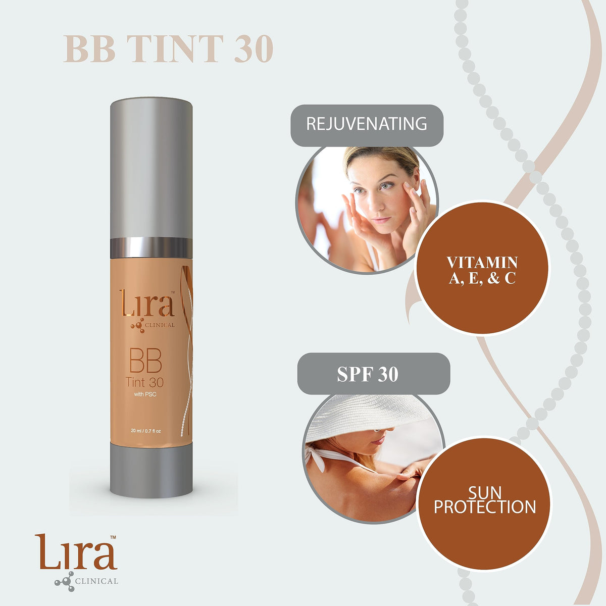 Lira Clinical BB bottle with skin swatch demonstrating medium shade match