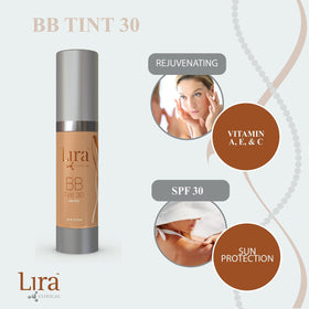 Lira Clinical BB bottle with skin swatch demonstrating medium shade match