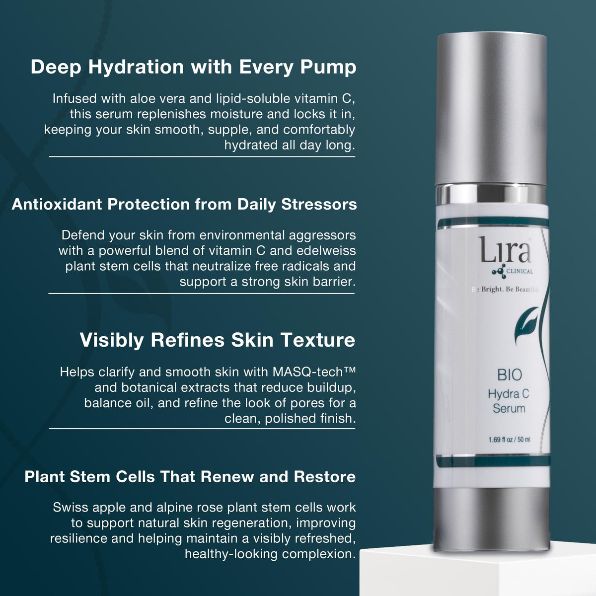 Lira Clinical BIO Hydra C serum ingredients card highlights key actives