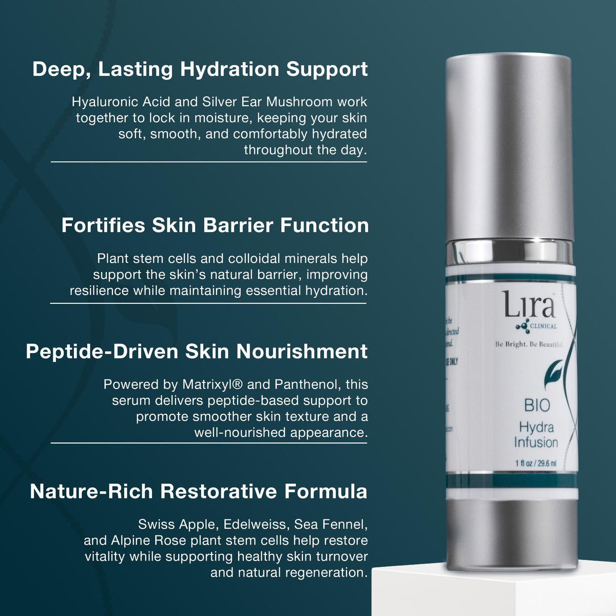 Lira Clinical Bio Hydra Infusion texture close-up shows a smooth, non-greasy finish.