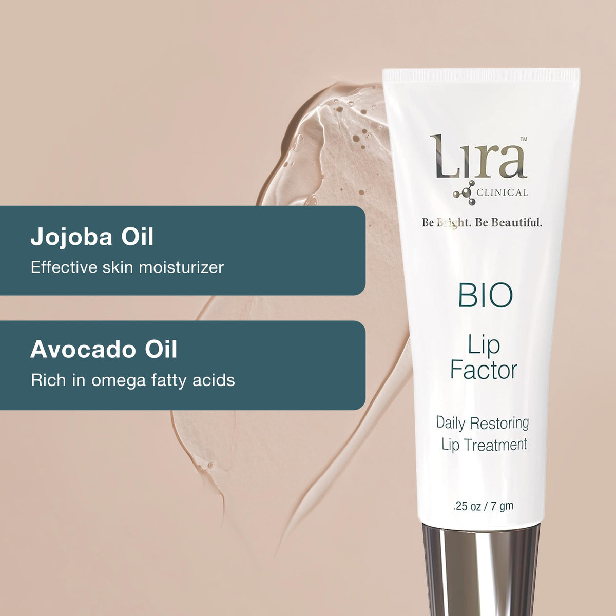 Lira Clinical BIO Lip Factor balm ingredients vial highlighting peptides, vitamin C, vitamin E, jojoba and avocado oils.