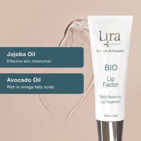Lira Clinical BIO Lip Factor balm ingredients vial highlighting peptides, vitamin C, vitamin E, jojoba and avocado oils.