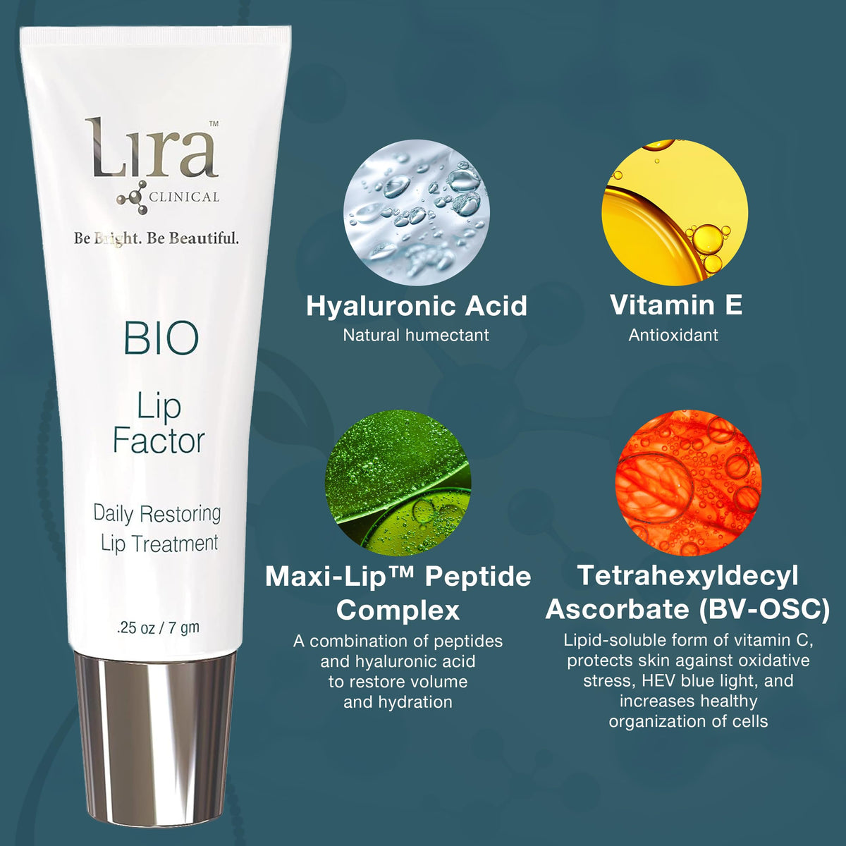 Lira Clinical BIO Lip Factor balm swatch showing sun protection and antioxidant-rich formula.