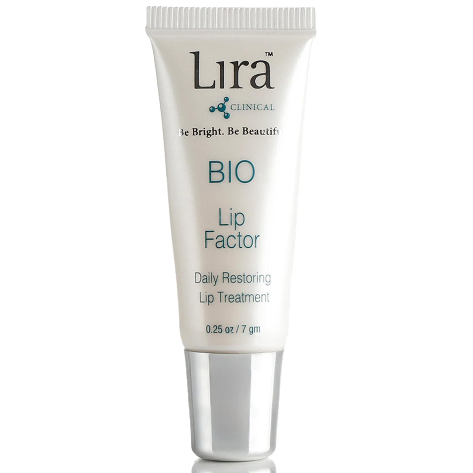 Lira Clinical BIO Lip Factor balm tube closeup showcasing hydration and SPF protection.