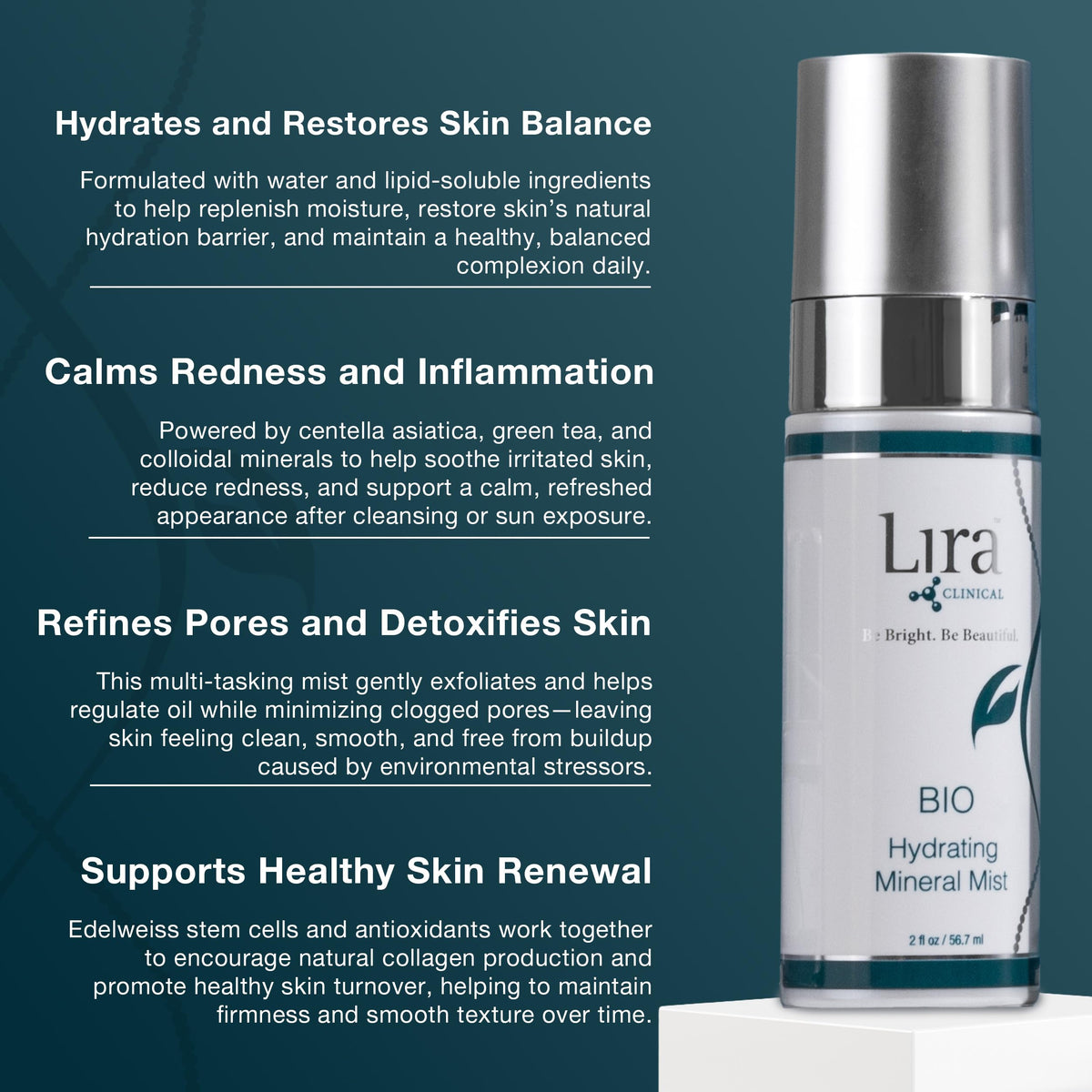 Close-up of plant stem cell formula in Lira Clinical BIO Hydrating Mineral Mist.