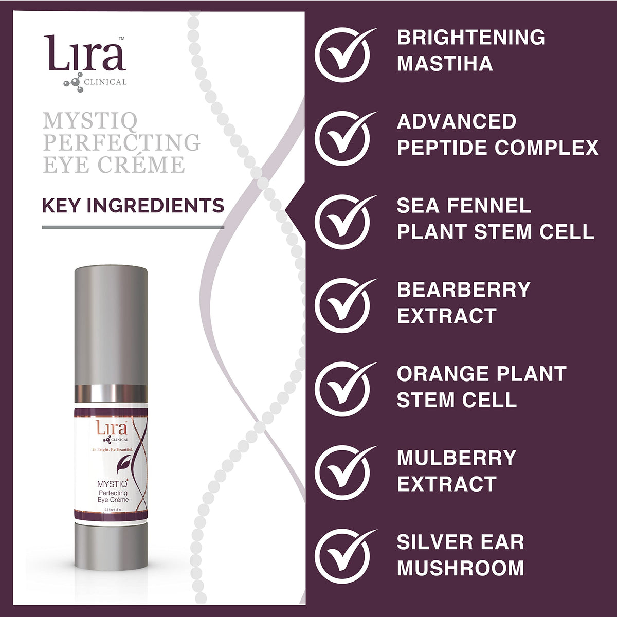 Lira Clinical MYSTIQ eye cream after-application look reveals rested eyes.