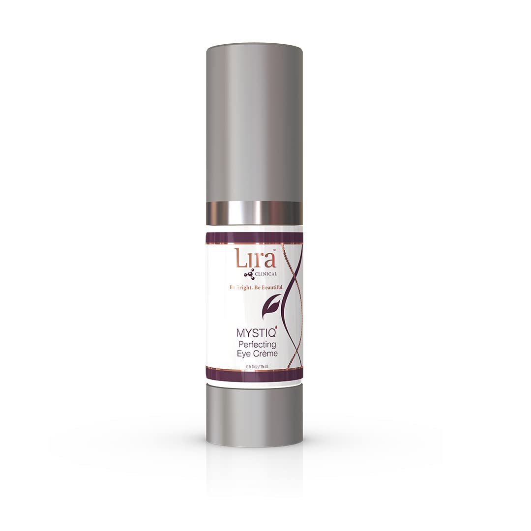 Lira Clinical MYSTIQ eye cream tube shows brightening and lifting potential.