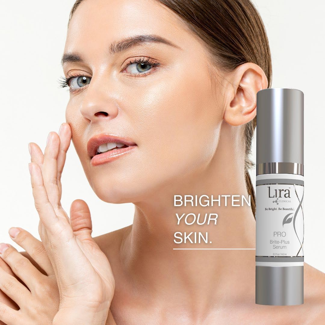 Lira Clinical PRO Brite-Plus Serum before-after frame hints at refined pores