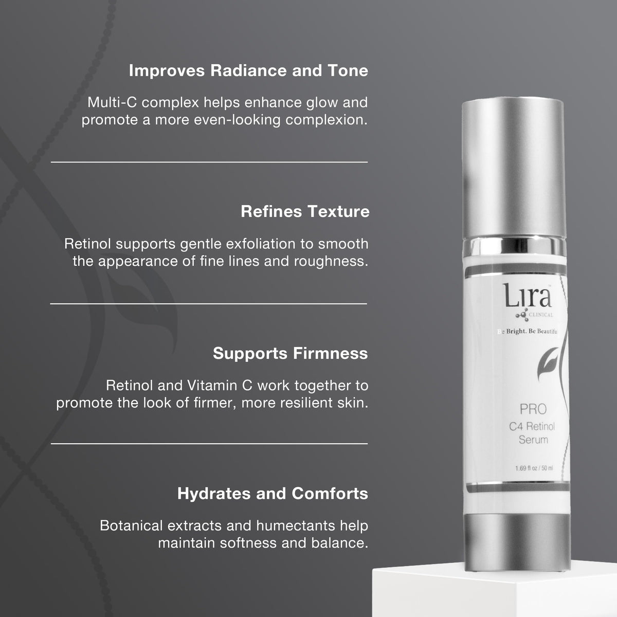 Lira Clinical Pro C4 Retinol Serum texture swatch on skin, suggesting smooth absorption.