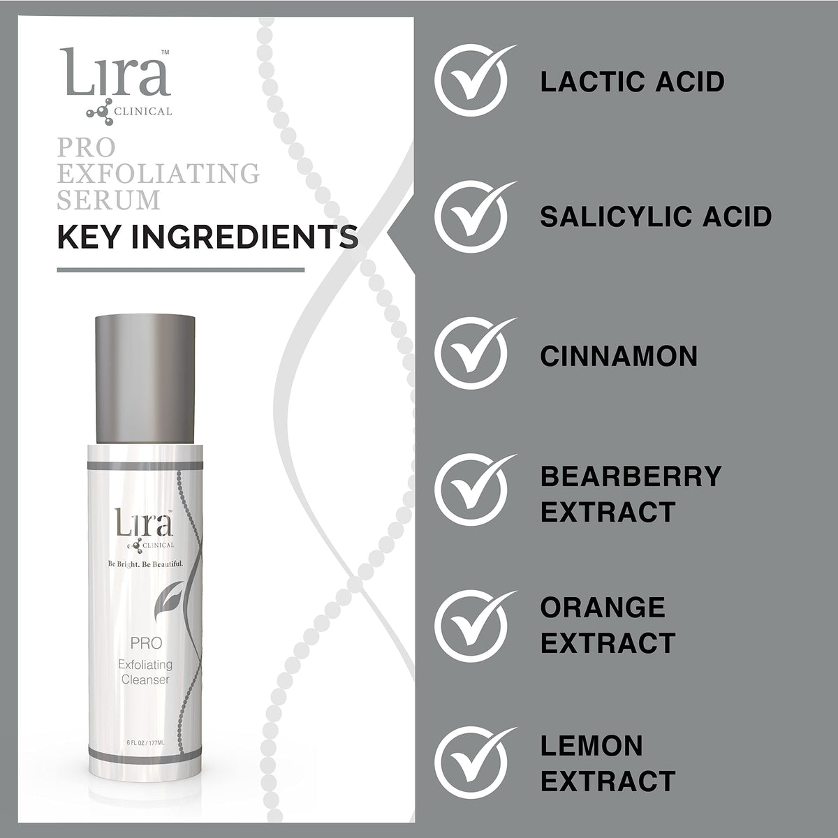 Lira Clinical PRO Exfoliating Cleanser with bearberry, orange, and lemon extracts for brightening