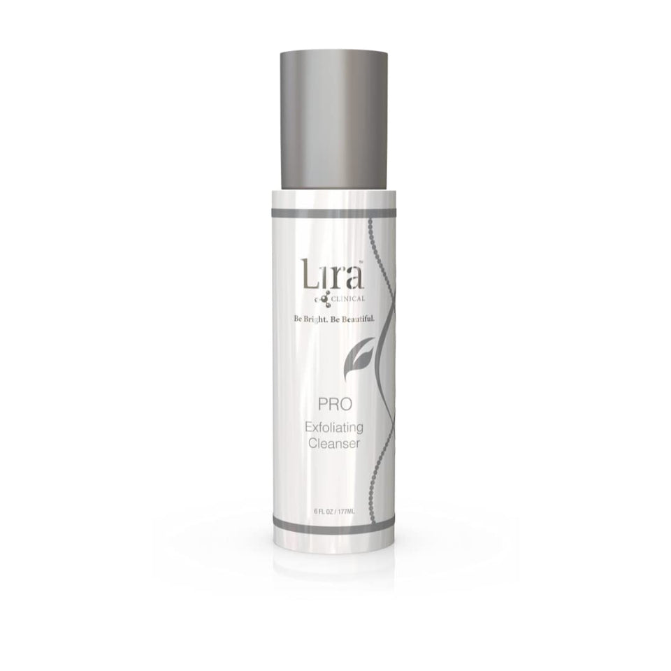 Lira Clinical PRO Exfoliating Cleanser bottle pouring for a refreshing acne-prone skin cleanse