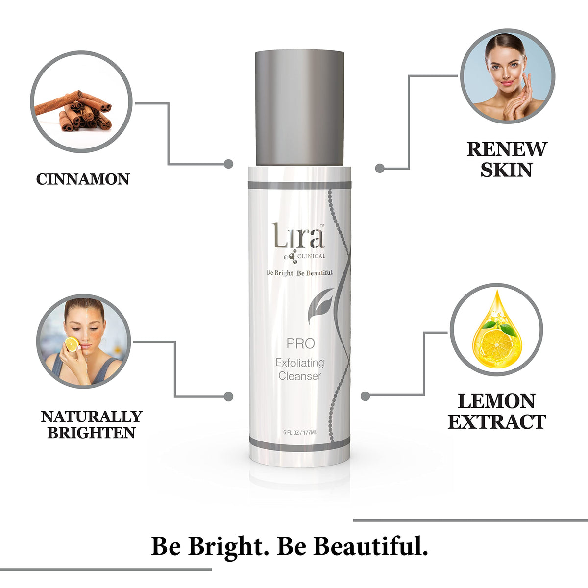 Lira Clinical PRO Exfoliating Cleanser on a bathroom shelf highlighting the PH-balanced formula
