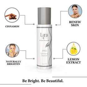 Lira Clinical PRO Exfoliating Cleanser on a bathroom shelf highlighting the PH-balanced formula