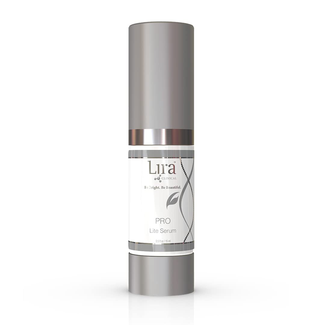 Lira Clinical PRO Lite Serum bottle targets discoloration for even skin tone.