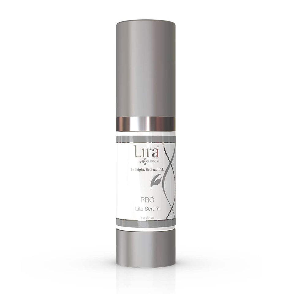 Lira Clinical PRO Lite Serum bottle targets discoloration for even skin tone.