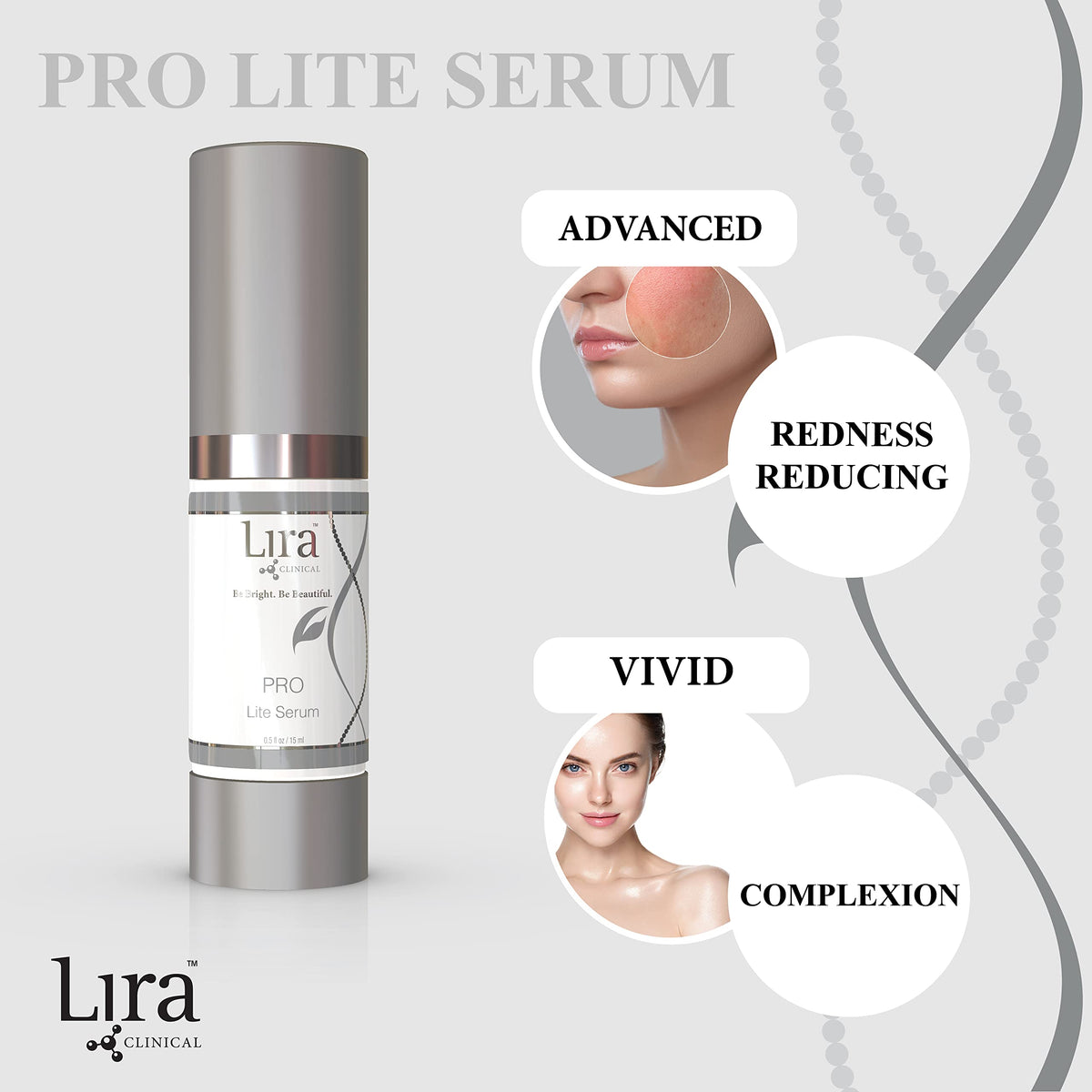 Lira Clinical PRO Lite Serum highlights Vitamin C for brightening and antioxidant support.