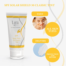 Lira Clinical Solar Shield 30 Classic Tint tube close-up blending for even skin tone