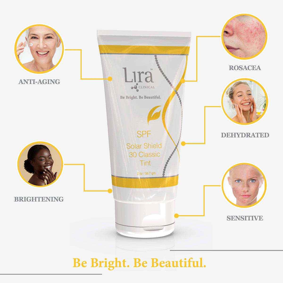 Lira Clinical Solar Shield 30 Classic Tint packaging on desk with SPF label