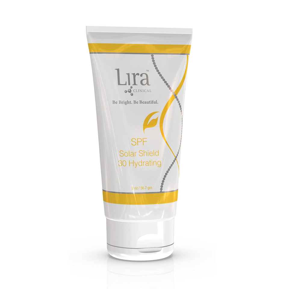 Lira Clinical SPF Solar Shield 30 Hydrating bottle shown for everyday sun protection on dry skin