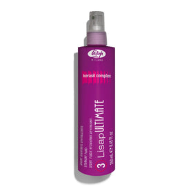 Lisap heat protectant bottle on vanity showing frizz protection in action.