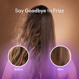 Hands spray Lisap heat protectant onto hair during styling for heat defense.