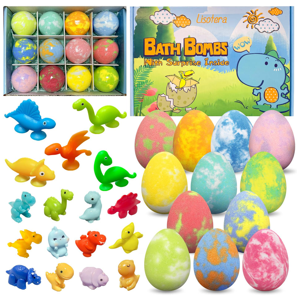 Lisotera Dino Egg Bath Bombs 12-pack unleash colorful fizz and hidden surprises for bath time.