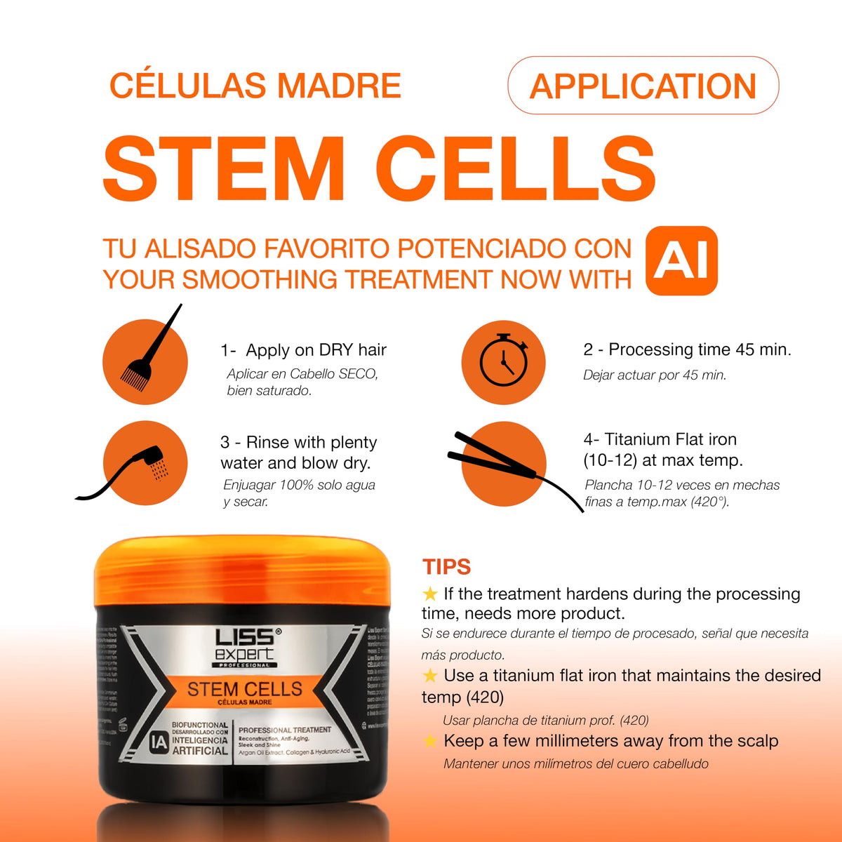 Liss Expert Stem Cells application on hair demonstrates shoulder-length styling for smoothness.