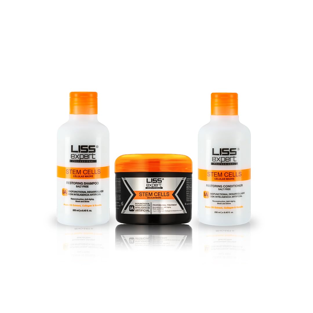 The Liss Expert Stem Cells bottle showing professional smoothing treatment for frizz-free shine.