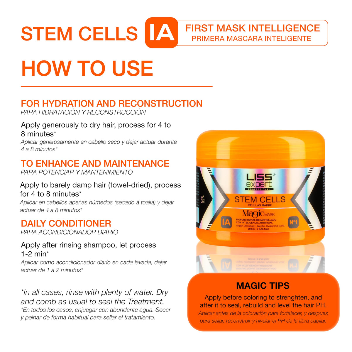 Liss Expert Stem Cells Magic Hair Mask reveals hyaluronic acid hydration for moisture.