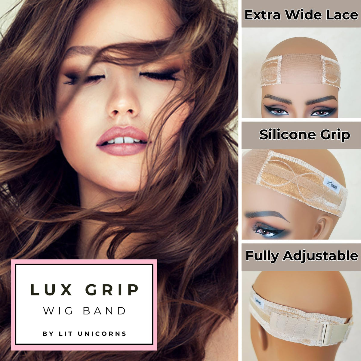 LIT UNICORNS Lux Grip Band adjustable back closure fits most heads.