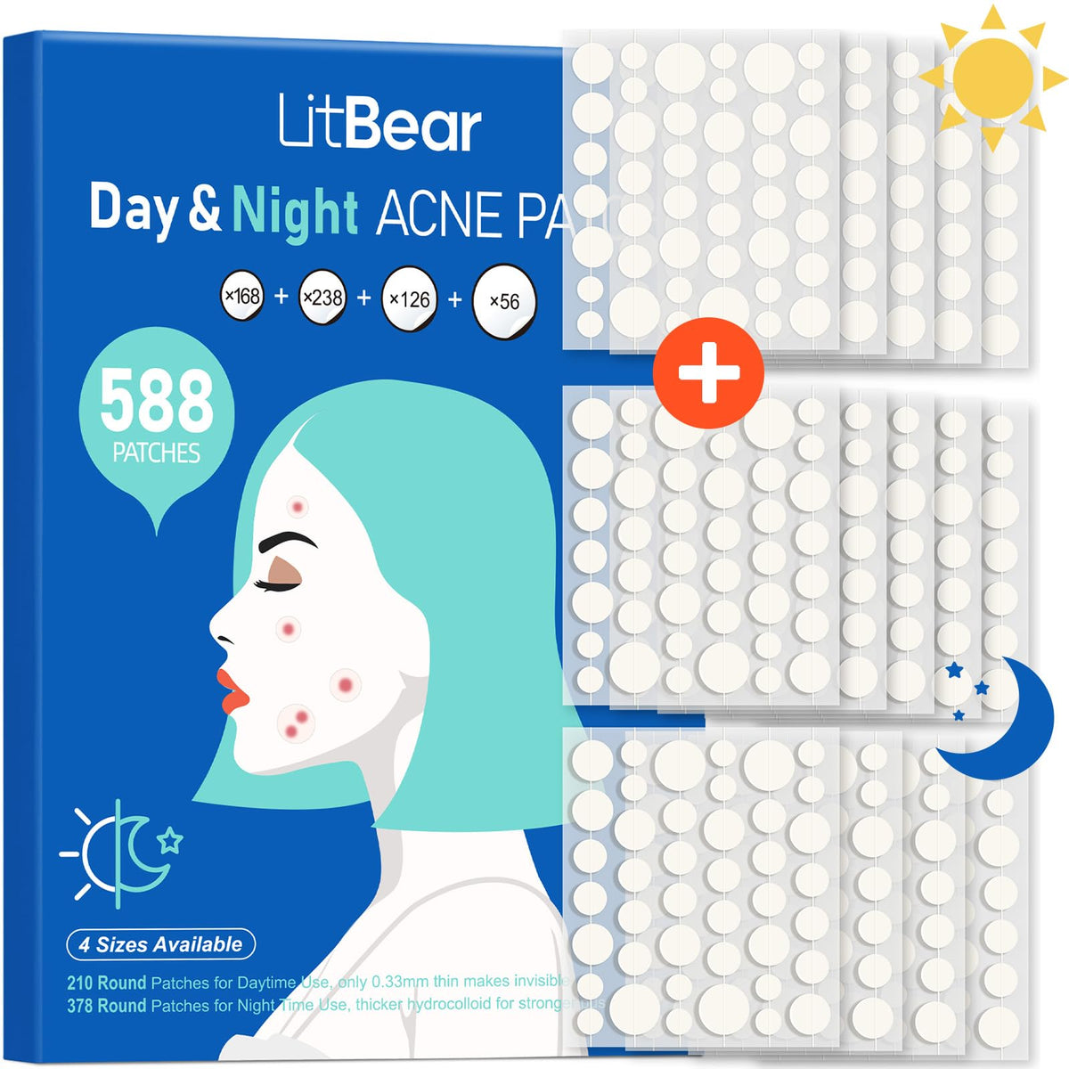 LitBear Acne Patches Day & Night packaging shown for all-day care
