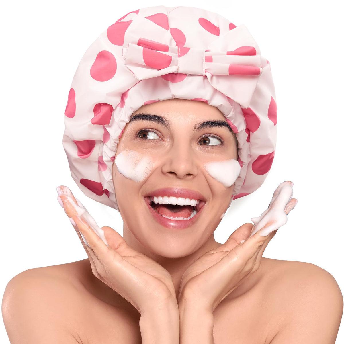 LitBear luxury silk-lined cap in pink dots for dry, frizz-free hair during showers.