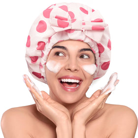 LitBear luxury silk-lined cap in pink dots for dry, frizz-free hair during showers.