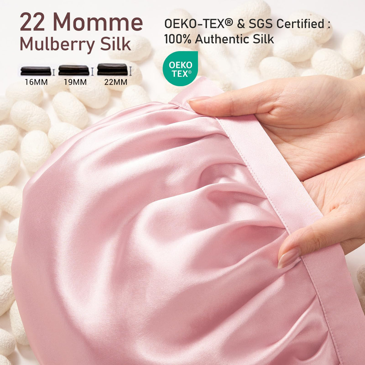 LitBear silk bonnet worn on head demonstrating secure, non-slip fit.