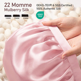LitBear silk bonnet worn on head demonstrating secure, non-slip fit.