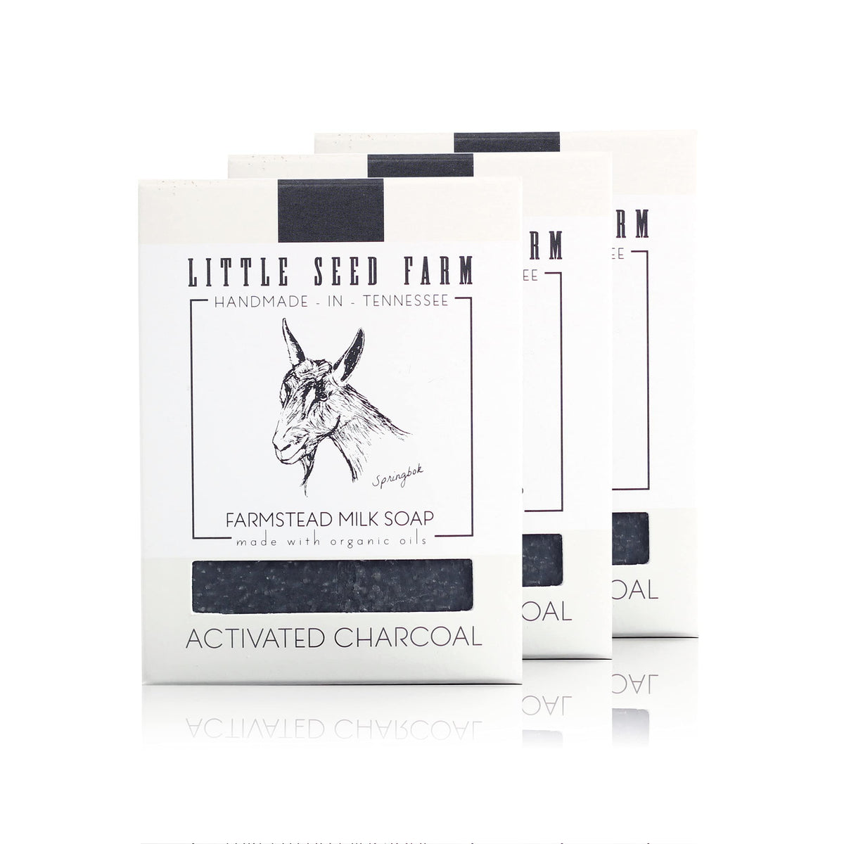 Little Seed Farm charcoal soap bar closeup showing detoxifying cleansing benefits